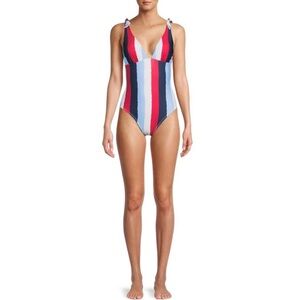 (B21) NEW Social Angel Women's Print Tie Shoulder Plunge‎ Swimsuit, Size S, NWOT